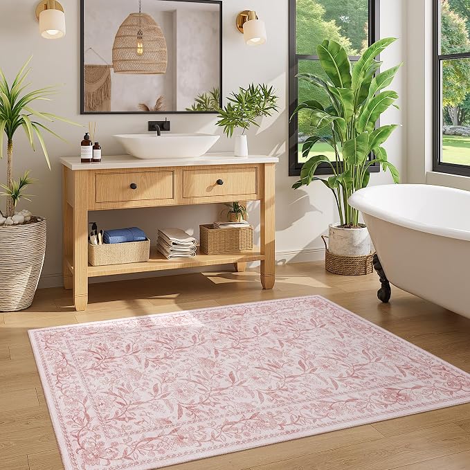 DUKINO 3x5 Rug Washable Vintage Floral Bedroom Area Rug Non Slip Light Pink | Low Pile, Non-Shedding, Stain Resistant Boho Lightweight Soft Indoor Carpet for Bathroom Office Dining Living Room Farmhouse