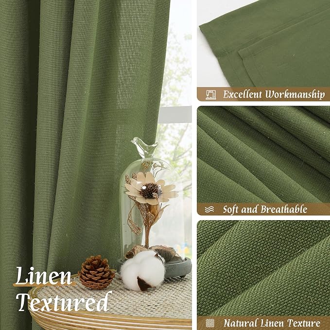 LAMIT Olive Green Linen Curtains for Bedroom, Faux Linen Textured Light Filtering Drapes Rod Pocket Boho Neutral Christmas Panels for Farmhouse/Living Room, 2 Panels, 52 x 72 Inch