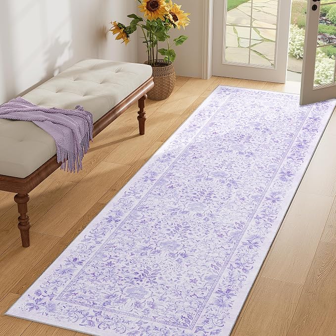 DUKINO 2x10 Runner Rug, Washable Vintage Floral Kitchen Rug, Purple | Non Slip, Low Pile, Non-Shedding, Stain Resistant Soft Long Runner Carpet for Hallway, Bathroom, Bedroom, Entryway, Farmhouse