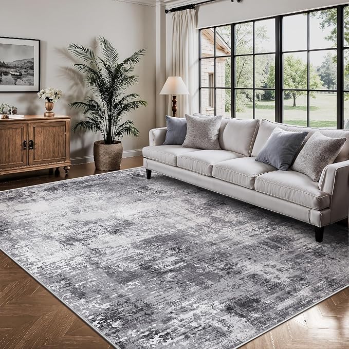 Living Room Rug 6x9, Abstract Modern Ultra Soft Washable Rug, Non Slip Carpet with Rubber Back Stain Resistance Rugs for Bedroom, Dining Room Decor(Black & Grey)