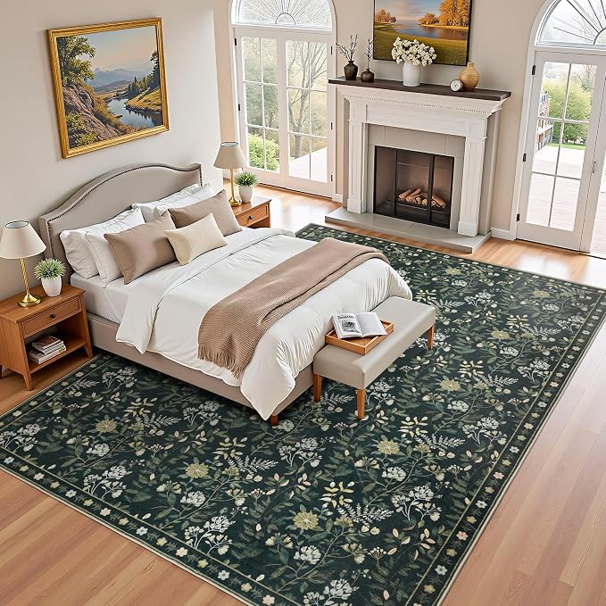 8x10 Vintage Washable Area Rug, Green | Living Room,Low Pile Non Slip Carpet Non-Shedding Large Soft Indoor Stain Resistant Floral Print Mat for Bedroom Dining Room