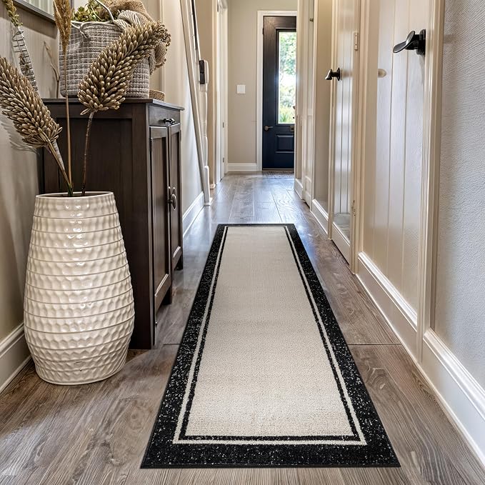 Rugshop Modern Transitional Bordered Runner Rug Low Pile Cream 2' 3" x 8'