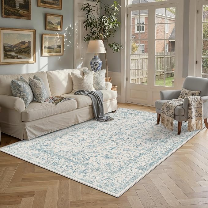 6x9 Blue Neutral Living Room Area Rug | Washable, Low Pile, Accent, Vintage, Soft, Non Slip, Carpet for Bedroom Dining Room Nursery Office Indoor Home Decor