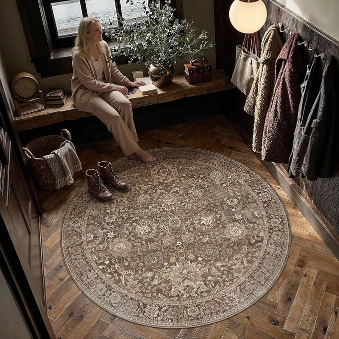 HUGEAR 6x6 Round Rugs Brown Washable Rug for Living Room Bedroom Large Neutral Vintage Rug Carpet Distressed Soft Durable Non Slip No Shedding for Indoor Dining Nursery Farmhouse