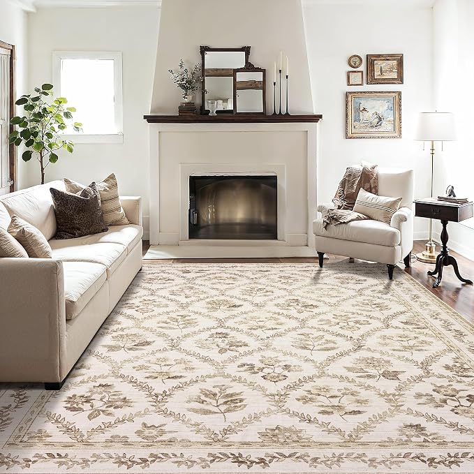 Area Rug Tan 6x9 Boho Floral Washable Area Rug Non Slip Carpet Floor Indoor for Living Room, Machine Washable Floor Covering for Geust Bedroom, Brown Counrty Floral for Dining Room