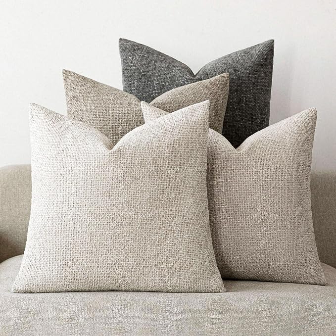 20x20 Chenille Throw Pillow Covers, Pack of 4, Neutral Beige/Grey Series