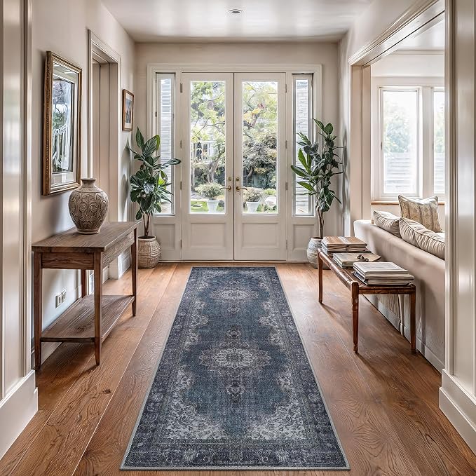 Bloom Rugs Washable Non-Slip 12 ft Runner - Dark Teal Traditional Medallion Runner for Entryway, Hallway, Bathroom, and Kitchen - Exact Size: 2.5' x 12'