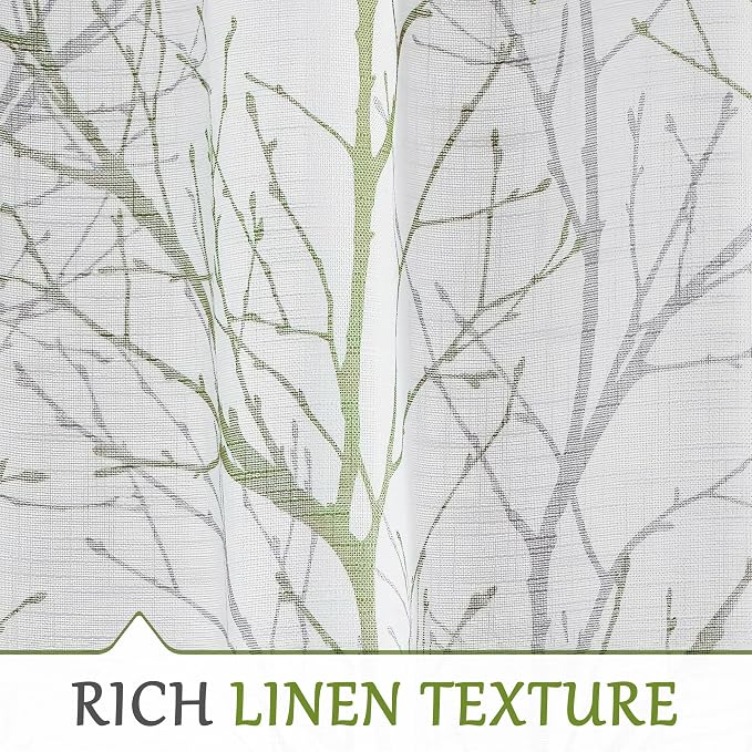 FMFUNCTEX Linen Green Gray Semi Sheer Patio Curtains 96 Inch Long 1 Panel | Extra Wide Sheer Patterned Patio Door Drapes, Tree Branch Print, Grommet Top for Sliding Doors and Airy Farmhouse Privacy