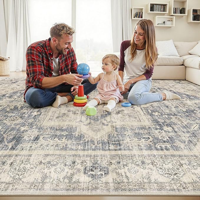 7x9 Area Rugs for Living Room - Large Carpet Ultra Thin Soft Washable Oriental Vintage Floral Distressed Big Indoor Carpets for Bedroom Nursery Dorm Home Decor Aesthetic - Blue Beige