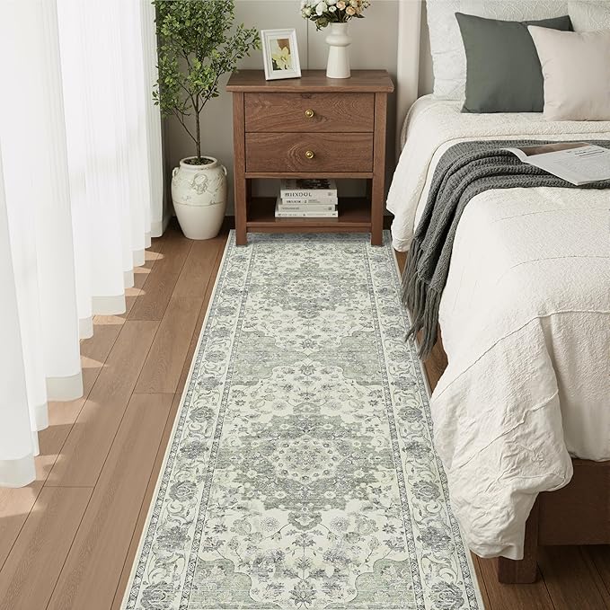 Sage Green Washable Hallway Runner Rug - 2x6 Kitchen Rug Distressed Low Pile Mats Non Slip Soft Rugs for Dining Room with Rubber Backing Bedroom Runner with Vintage Design (Green 2x6)