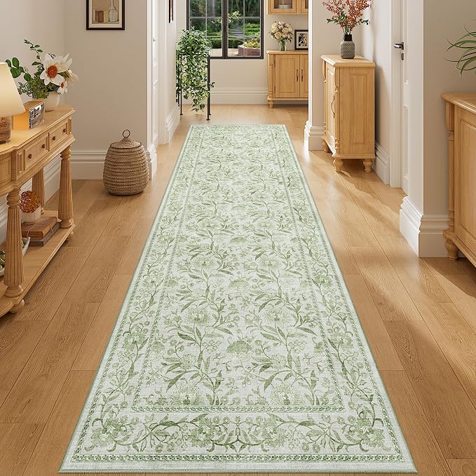 DUKINO 2.6x8 Runner Rug, Washable Vintage Floral Kitchen Runners Sage Green | Non Slip, Low Pile, Non-Shedding Soft Carpet for Hallway Bathroom Laundry Entryway Bedroom Farmhouse, Kids and Pets Friendly