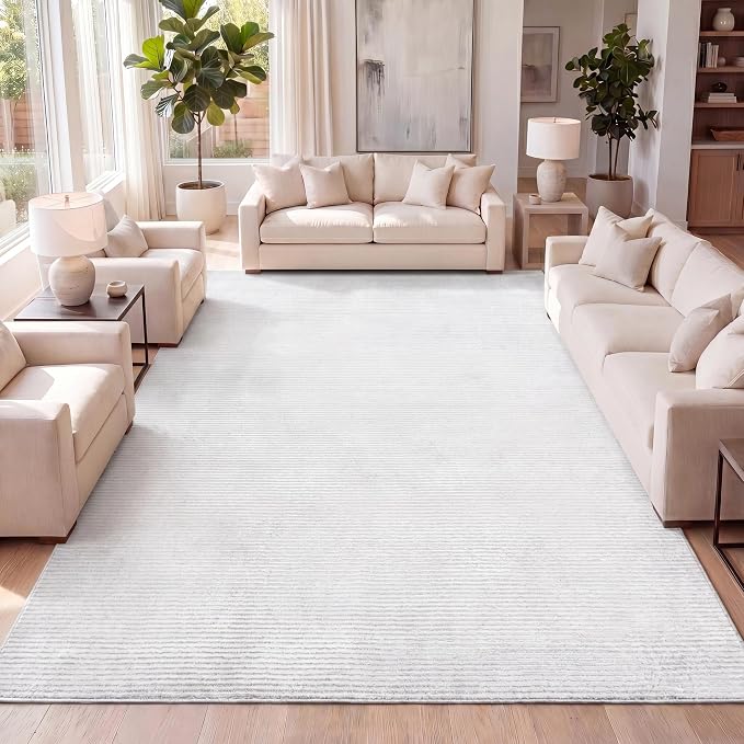 JONATHAN Y Cole Pinstripe High-Low White/Silver Indoor Area Rug, 4x6, Modern, Minimalist, Easy-Cleaning for Living Room, Bedroom, Kitchen, Pet Friendly, Non-Shedding (CAR101C-4)