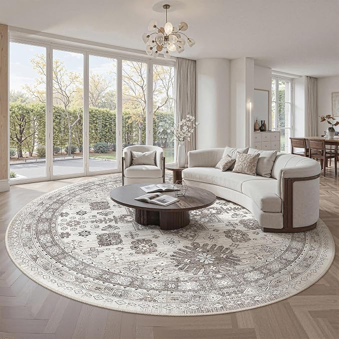 zesthome 8ft Round Rugs for Living Room, Non-Slip Washable Round Area Rugs, Ultra-Thin Large Circle Rugs, Soft Low Pile Rug for Bedroom, Kitchen - Vintage Stain Resistant Round Rug (Brown/Beige,8'x8')