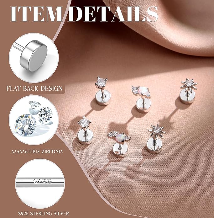 14K Gold Plated Solid 925 Sterling Silver Post Flat Back Earrings Stud | Cartilage Helix Conch Tragus Piercing Jewelry 3 Pairs Tiny Screw Dainty CZ Opal Earring Set Men Women