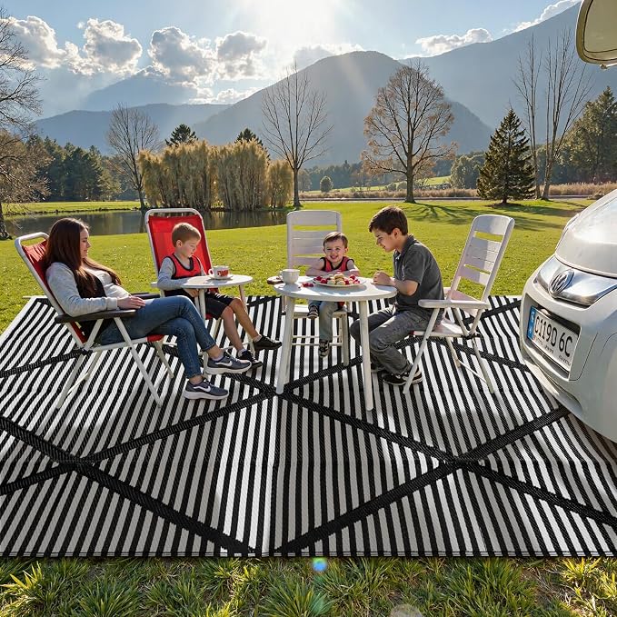 Lahome Outdoor Rug 8x10 Patio Waterproof, Plastic Straw Reversible Rv Rugs for Outside, Large Portable Porch Decor Camping Carpet for Balcony Tent Travel, Black 8'x10'