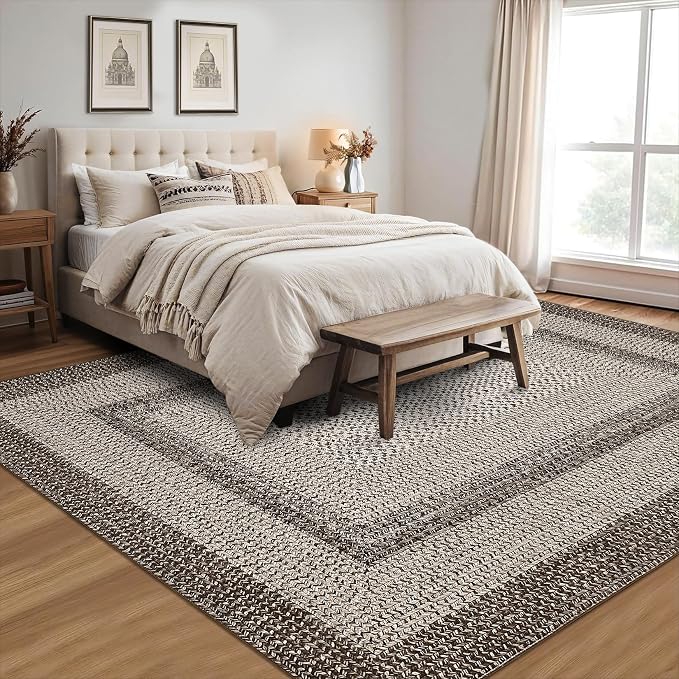 RUGSREAL 10x13 Large Living Room Rug Braided Print Boho Accent Throw Carpet Farmhouse Rustic Rug with Rubber Backing Geometric Bordered Area Rug Bohemian Carpet for Bedroom Home Decor Office, Mocha