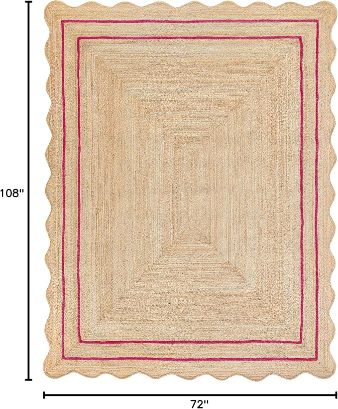 Wave Scalloped Natural Jute Runner, Dark Pink (6'x9'): Boho Farmhouse Scallop Entryway Rug