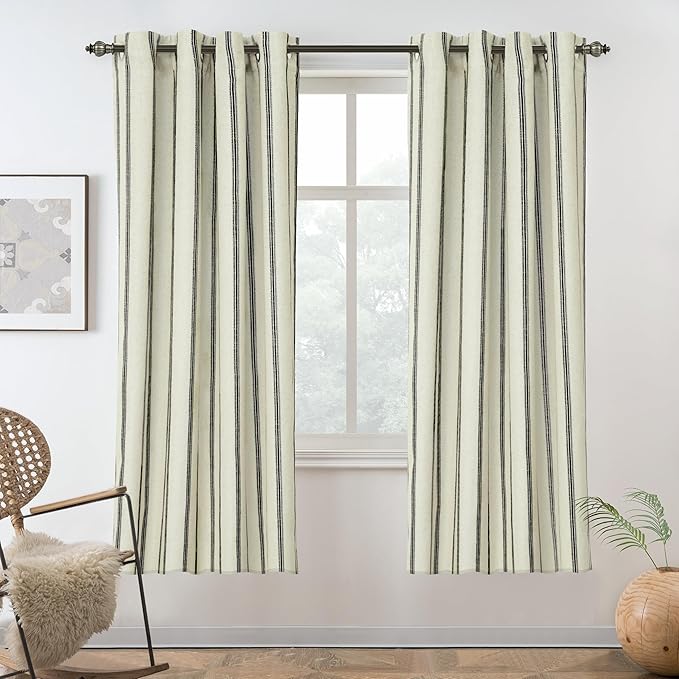 DriftAway Farmhouse Linen Stripe Blackout Curtains, W52xL63, Black | Blackout, Linen Texture, Stripe Pattern, Rod Pocket & Back Tab, Two Layers, Bedroom Living Room Use, Sound Reducing Design