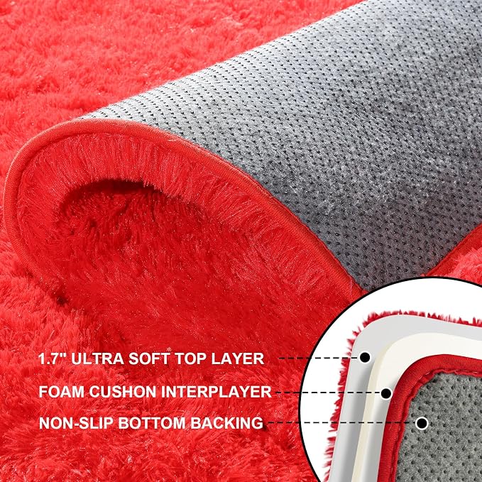 5x7 Area Rugs for Living Room, Large Fluffy Red Rugs for Bedroom, Fuzzy Shag Soft Non-Slip Carpet for Kids Girls and Boys Nursery Dorm Indoor Room Home Decor (5ft X 7ft, Red)