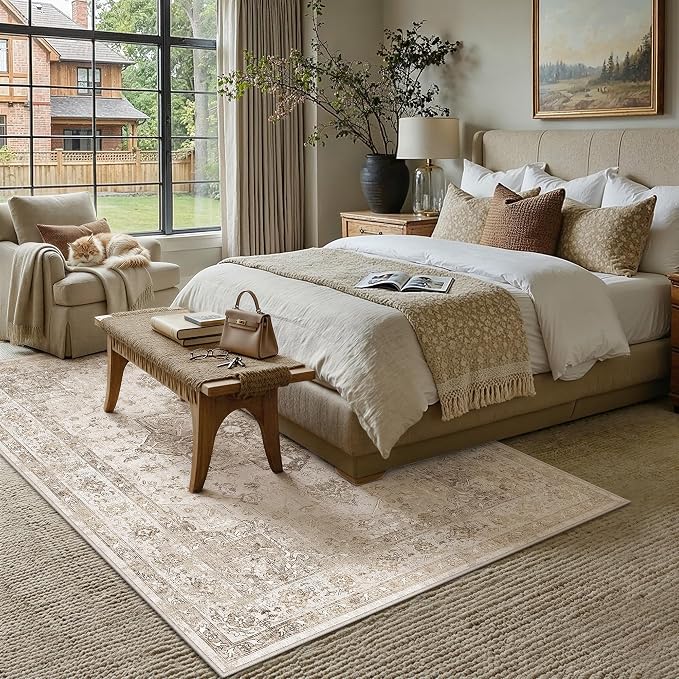 PureCozy Taupe 8x10 Area Rug Washable Vintage Living Room Carpet Non Slip Retro Distressed Low Pile Soft Oriental Medallion Thin Large Throw Rug for Office Bedroom Dining Room Playroom