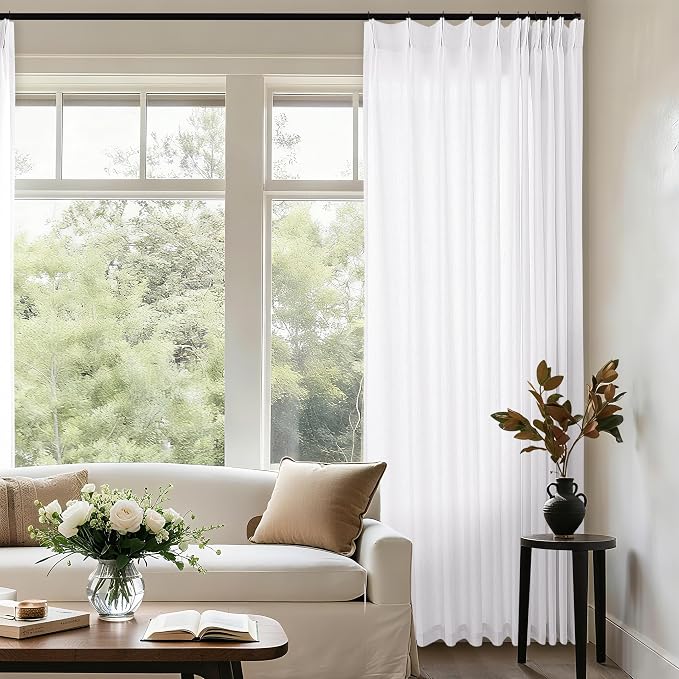 Pinch Pleat Extra Wide 72 x 108 Inch Linen Curtains White Semi Sheer | Light Filtering, Patio Sliding Door Curtains, 108 Inch Length, for Living Room, Large Window Divider, Pleated Drapes, 1 Panel