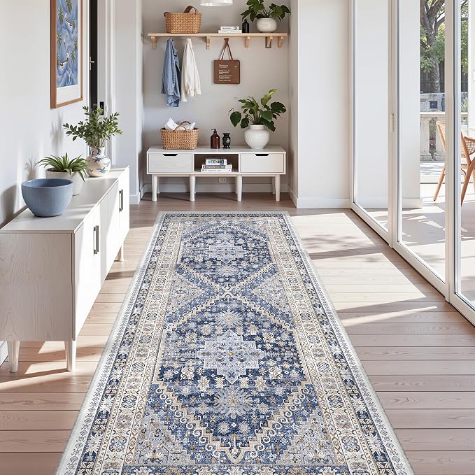 zesthome 3x8 Runner Rug Non Slip Washable for Entryway, Vintage Hallway Runner for Front Porch, Laundry Room, Bedroom, Abstract Stain Resistant Thin Indoor Kitchen Mats for Floor(Blue/Beige,3'x8')