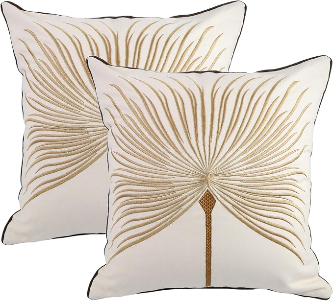 Embroidery Throw Pillow Covers 18x18 Home Decor Fine Thread Dandelion Flower Pillow Cover for Couch Bedroom Chair 100% Cotton Canvas Floral Cushion Cover 45x45cm, Beige Pack of 2