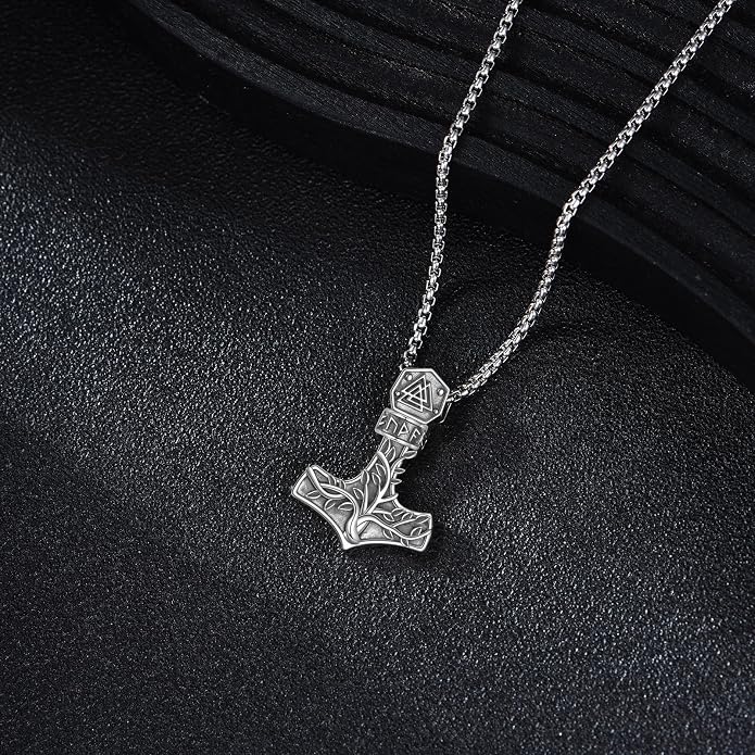 Viking Thor's Hammer Necklace Sterling Silver Vintage Norse Mjolnir Pendant Amulet Jewelry Gifts for Women Men
