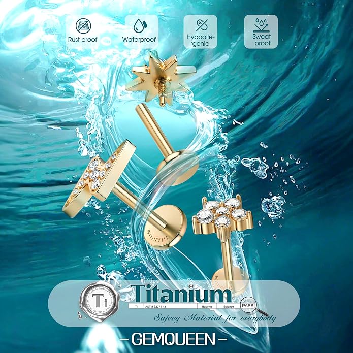 GEMQUEEN G23 Implant Grade Titanium 18G Internally Threaded Flat Back Earrings 5A CZ Studs: 14K Gold Hypoallergenic 3 Pcs Tragus Cartilage Conch Helix Piercing Jewelry for Sensitive Ears Women Men