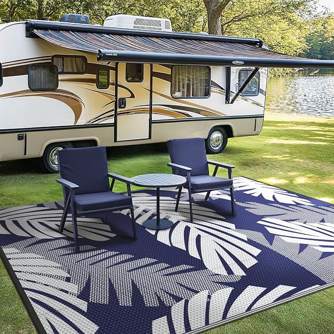 GENIMO Outdoor Rug, Waterproof Plastic Rugs for Patio, 8'x10' Blue White | Outside Larger Leaf Carpet Mat for Porch Decor, Deck, Balcony, Camping, RV, Backyard, Picnic, Beach, Reversible, Foldable