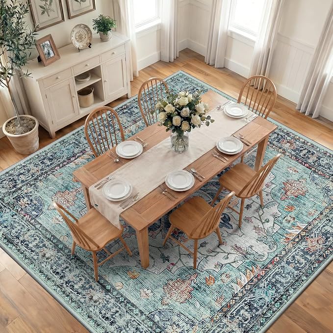 RELEANY Area Rugs Square 10ft Washable Non-Slip, Floral Vintage Distress Medallion Carpet for Living Room Bedroom Dining Room, Green Navy Blue White Red Teal