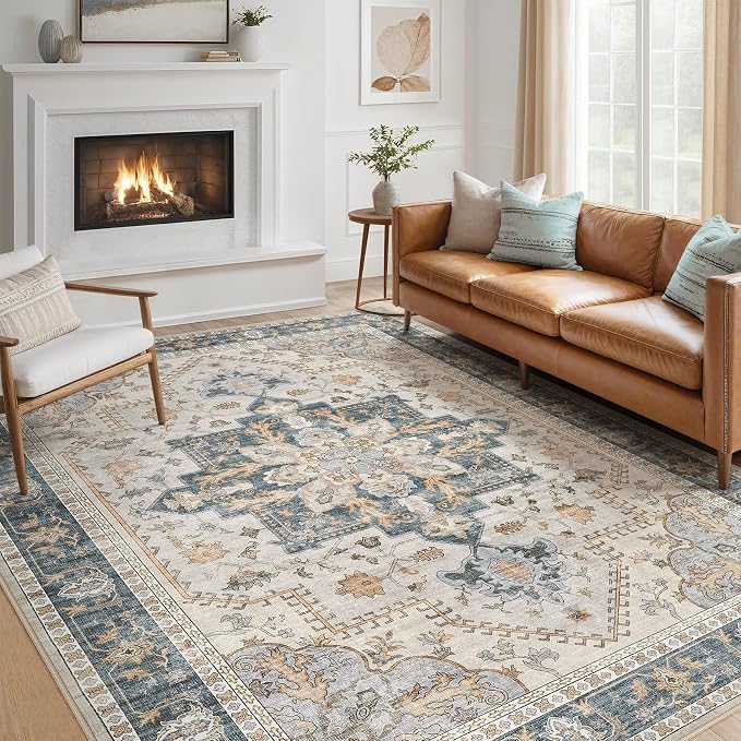 Tortania Area Rug Living Room Rugs - 8x10 Washable Boho Rug Vintage Oriental Distressed Farmhouse Large Thin Indoor Carpet for Living Room Bedroom Under Dining Table Home Office - TealTaupe