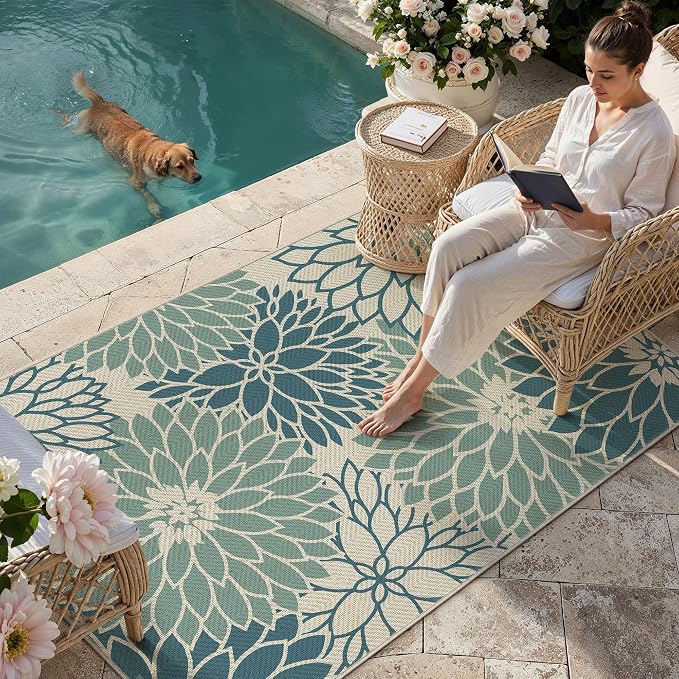 HUGEAR 5'x7' Waterproof Blue Floral Outdoor Rug Patio Linen-Look Floor Mat for Camping RV Outside Area Rug Deck Porch Balcony Backyard Picnic Beach Carpet Home Decor