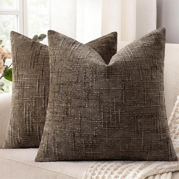 decorUhome Textured Chenille Throw Pillow Covers 18x18 Set of 2 Dusty Brown | Fall Modern Farmhouse Soft Cozy Slubby Couch Pillow Cases Boho Decorative Pillow Cases for Bed Sofa Living Room Home Decor