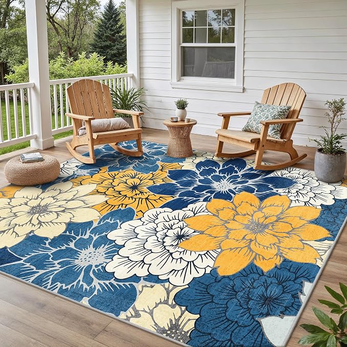 GENIMO 8x10 Outdoor Rug, Washable for Patio and Deck, Blue Yellow | Floral design for backyard; fade resistant chenille with quick-dry non-slip backing for indoor living rooms