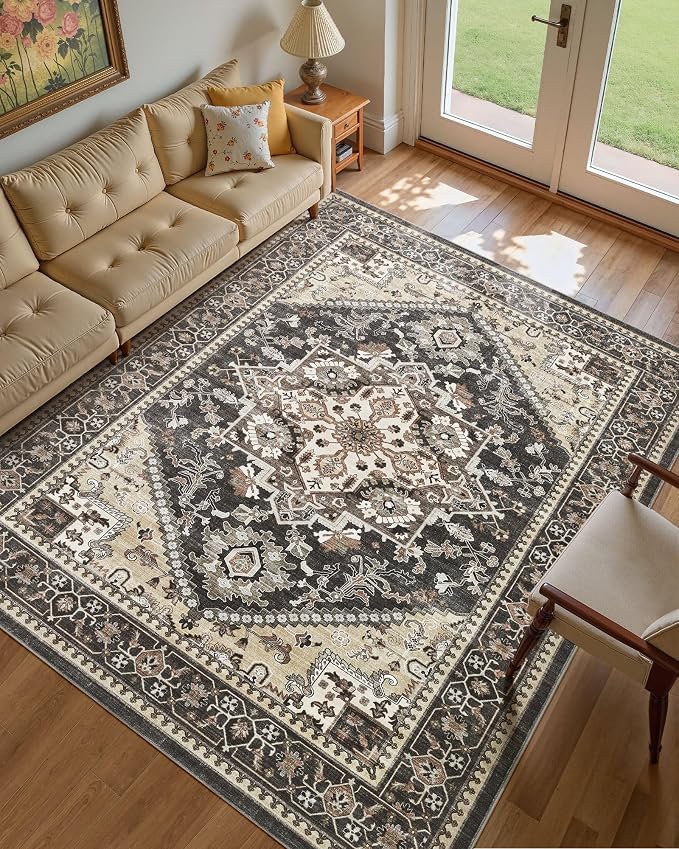 10x14 Vintage Area Rug: Washable Neutral Soft Non Slip Thin Large Floor Carpet for Living Room Bedroom Kitchen Dining Room Home Office Farmhouse Indoor - Black