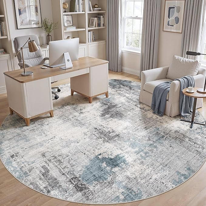 Abstract 12FT Round Rug: Machine Washable Non Slip Ultra Thin Low-Pile Carpet, Soft Stain Resistant for Living Dining Room Bedroom, Kid Pet Friendly, Robot Vacuum Compatible - Grey Blue