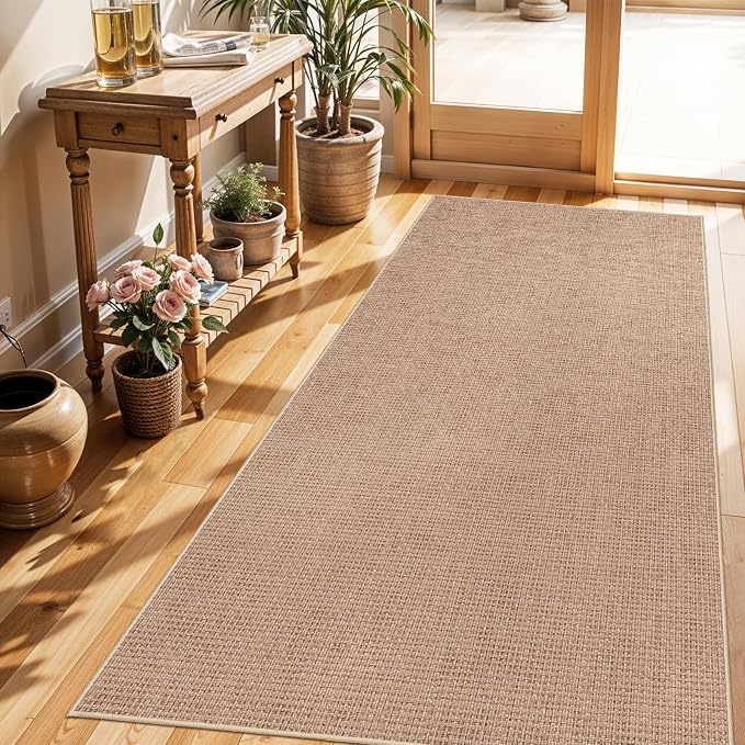 3x6 Runner Rug Washable Non Slip: Solid Color Faux Jute Boho Kitchen Rug | Thin Easy Clean Indoor Farmhouse Rug for Entryway Kitchen Hallway Bedroom - Outdoor Patio Rug, Modern Decor Mat (Beige,3x6)