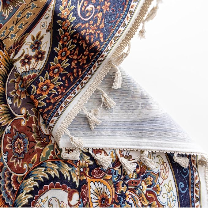 Blue Brown Medallion Curtains 54 Inches Long, Vintage Paisley Boho Farmhouse Light Filtering Rod Pocket Drapes with Tassel Trim for Bedroom Living Room, 2 Panels