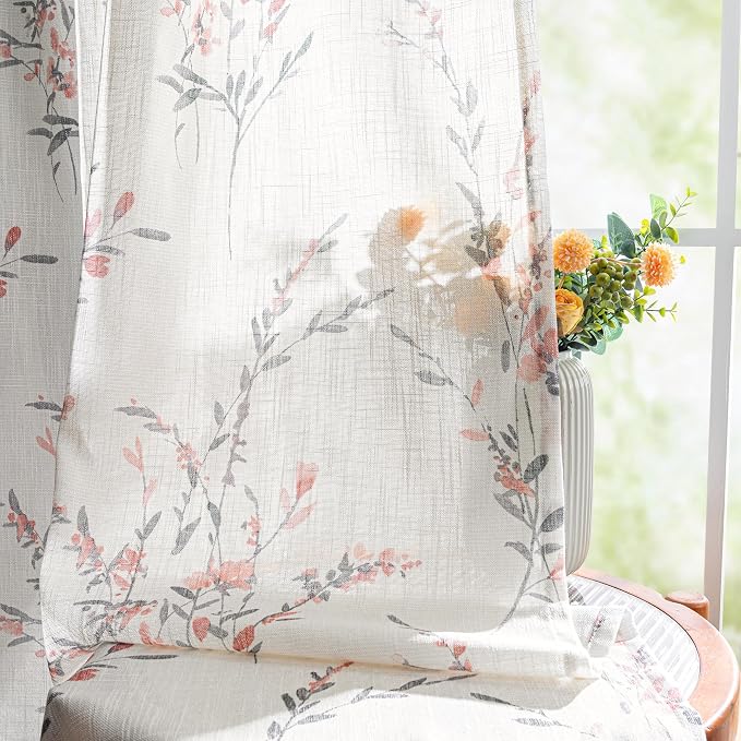 MYSKY HOME Sheer Curtains 54 inches Long for Bedroom Kitchen Farmhouse Curtain Panels Cotton Polyester Blend Linen Style Texture for Home Decor Light Soften Privacy Drapes, Coral, Pack-2