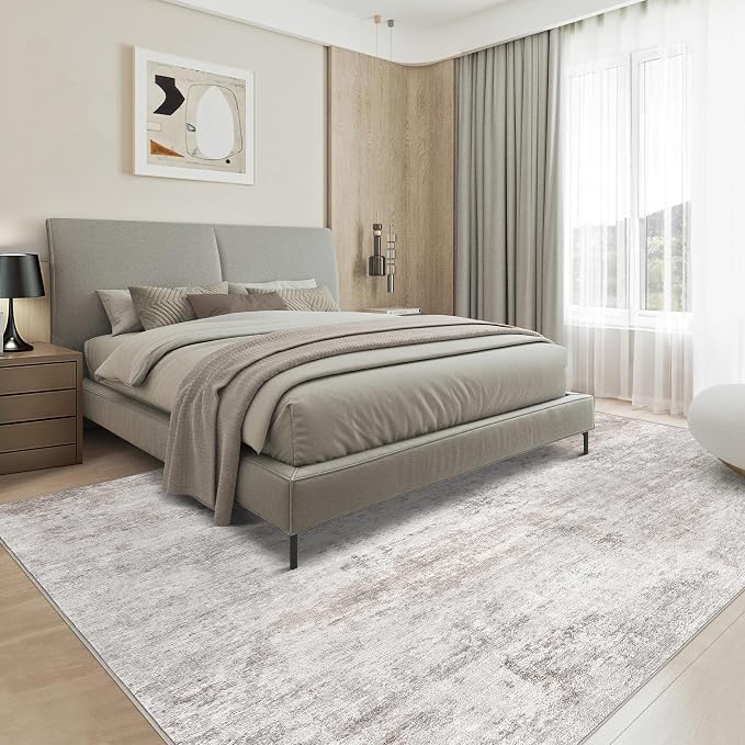 Abstract 5x7 Area Rug: Machine Washable Non Slip Ultra Thin Low-Pile Carpet, Soft Stain Resistant for Living Room Bedroom Nursery, Kid Pet Friendly, Robot Vacuum Compatible - Brown Grey