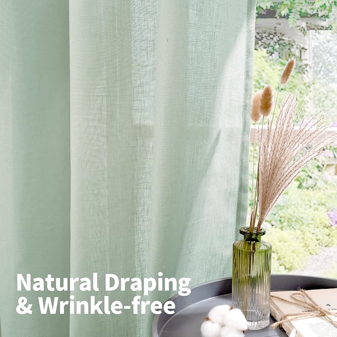 YoungsTex Mint Green Linen Semi Sheer Curtains 84 Inches Length for Living Room Spring Decor - Sage Light Filtering Drapes with Grommet Boho for Bedroom Dining Lightweight, 2 Panels, 52 X 84 Inch