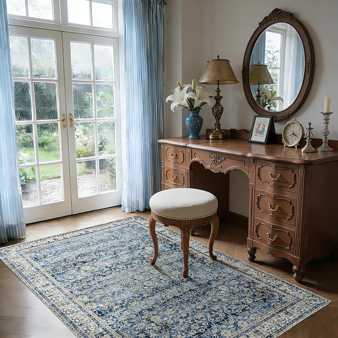 3x5 Front Door Rug Indoor Entrance Blue Bathroom Rugs Non Slip Washable Soft Vintage Boho Distressed Low Pile Carpet with Rubber Backing Dark Blue Rugs for Kitchen Floor Laundry Room 3 x 5