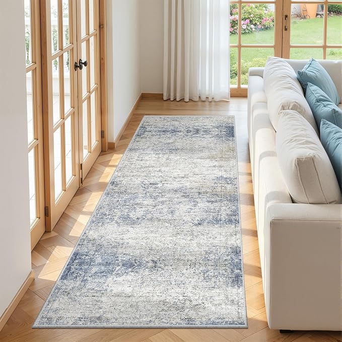 3x8 Runner Rug Non Slip,Washable Hallway Runner Rug,Blue | Neutral Rugs for Kitchen,Entryway,Bedroom,Bathroom,Nursery Room,Thin,Soft Runner Rug,Stain Resistant Indoor Carpet