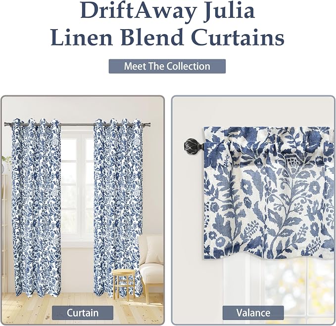 DriftAway Julia 100% Blackout Curtains Grommet 2 Panels, W52xL84, Navy | Floral Curtains, Bedroom, Living Room, Linen Blend, Watercolor Pattern, 2 Layers, Thermal Insulated, Window Treatment