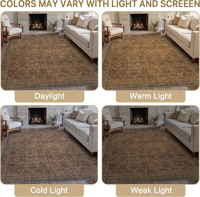 BESBLEE 4X6 Area Rugs Machine Washable Rugs for Living Room, Vintage Boho Large Rugs for Bedroom Dining Room, Non Slip Indoor Soft Distressed Lightweight Thin Low Pile Carpet, Rustic Brown