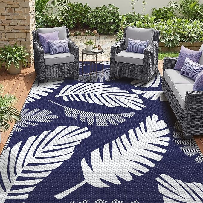 GENIMO Outdoor Rug, Waterproof Plastic Rugs for Patio, 6'x9' Blue White | Outside Larger Leaf Carpet Mat for Porch Decor, Deck, Balcony, Camping, RV, Backyard, Picnic, Beach, Reversible, Foldable
