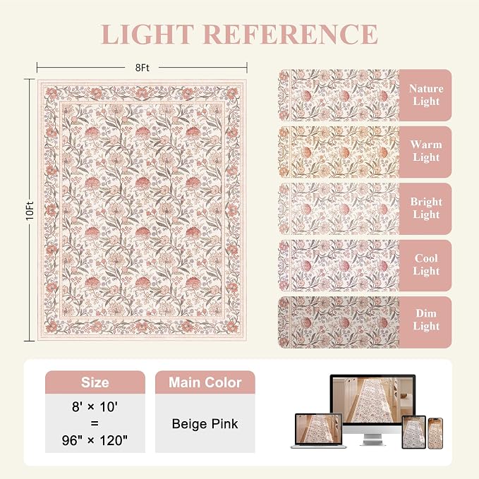 DUKINO 8x10 Area Rug Vintage Floral Washable Rug for Living Room Beige Pink | Non Slip, Low Pile, Non-Shedding, Stain Resistant Boho Soft Indoor Large Carpet for Bedroom Dining Room Farmhouse, Home Decor