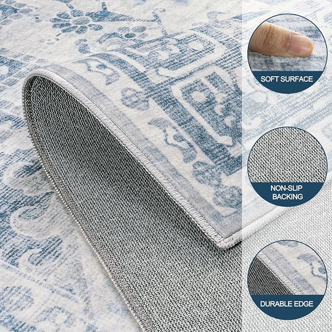 6x9 Area Rugs for Living Room:Blue Washable Vintage Medallion Boho Rug Non-Slip No Slip Stain Resistant Soft Low Pile Large Rugs Indoor Retro Carpet for Bedroom Nursery Dining Office (Blue Grey 6'x9')