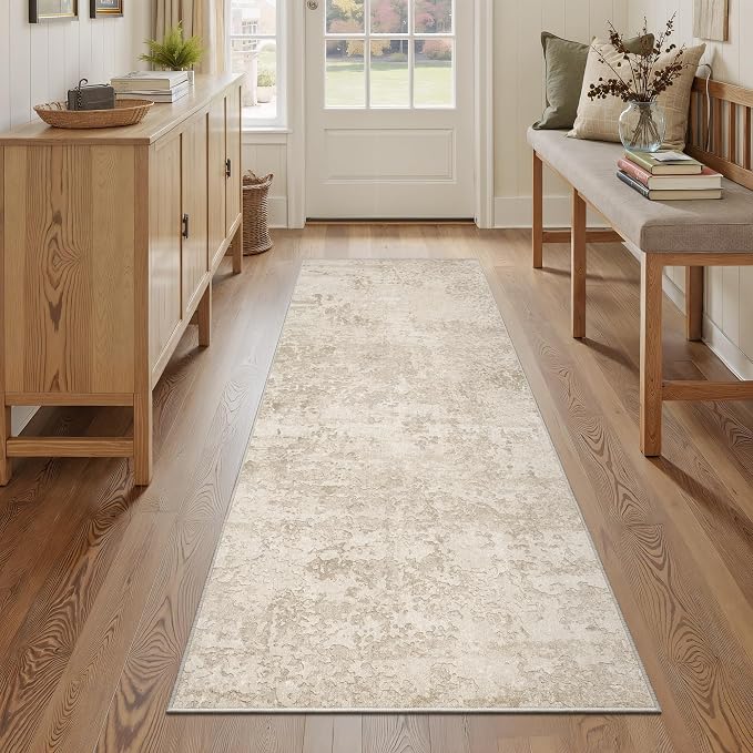Art&Tuft Runner Rug Non-Slip - 2‘6" x8' Washable Hallway Runner Rug, Low-Pile Rugs Runners, Soft Distressed Carpet Runners for Hallway Bedroom Bathroom Kitchen Laundry Living Room, Beige